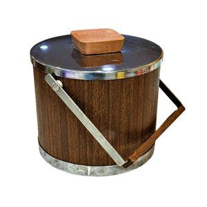 Vintage Kromex Ice Bucket MCM Wood Grain Chrome USA Retro Barware Bar Drinks